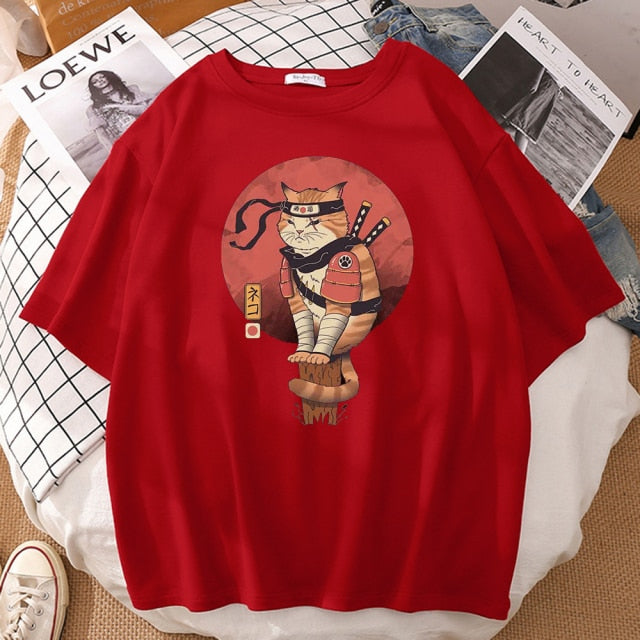 Japanese Ninja Cat Printing T-Shirt Man Cool Summer Short Sleeve Man Tshirts Vintage Fashion T-Shirts Punk Streetwear T Shirt