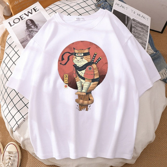 Japanese Ninja Cat Printing T-Shirt Man Cool Summer Short Sleeve Man Tshirts Vintage Fashion T-Shirts Punk Streetwear T Shirt