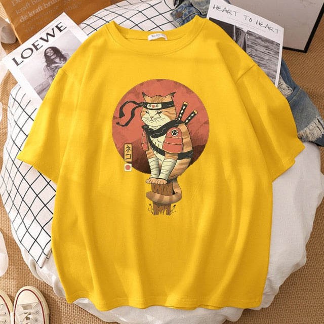 Japanese Ninja Cat Printing T-Shirt Man Cool Summer Short Sleeve Man Tshirts Vintage Fashion T-Shirts Punk Streetwear T Shirt