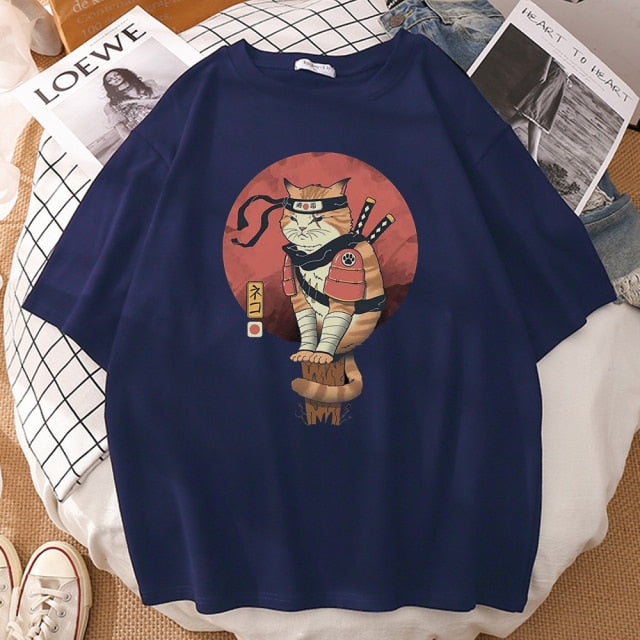 Japanese Ninja Cat Printing T-Shirt Man Cool Summer Short Sleeve Man Tshirts Vintage Fashion T-Shirts Punk Streetwear T Shirt