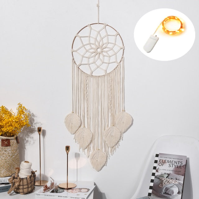 Star Moon Sun Macrame Dream Catcher Boho Home Wall Decor Girls Kids Nursery Garden Decoration Outdoor Gifts With Light