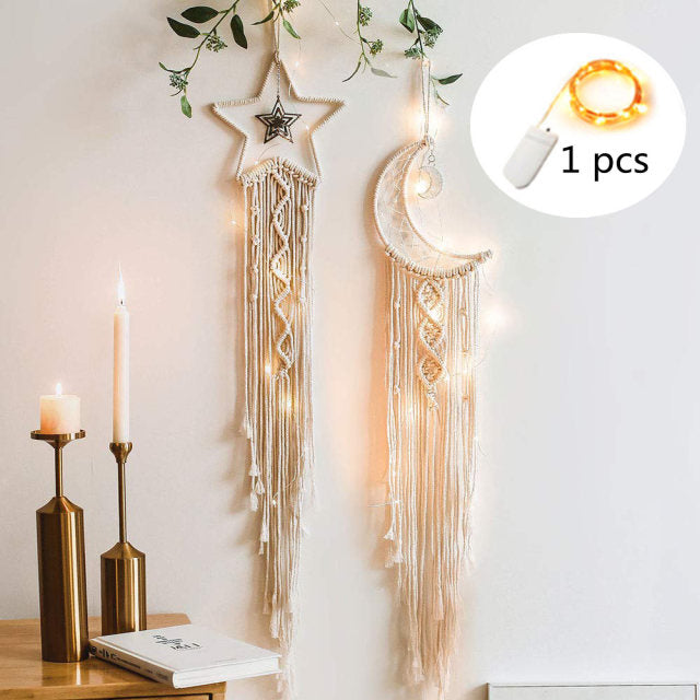 Star Moon Sun Macrame Dream Catcher Boho Home Wall Decor Girls Kids Nursery Garden Decoration Outdoor Gifts With Light