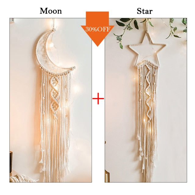 Star Moon Sun Macrame Dream Catcher Boho Home Wall Decor Girls Kids Nursery Garden Decoration Outdoor Gifts With Light