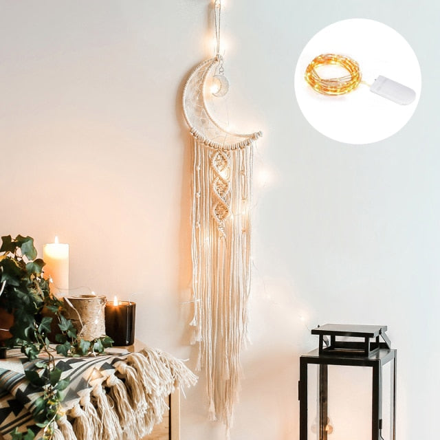 Star Moon Sun Macrame Dream Catcher Boho Home Wall Decor Girls Kids Nursery Garden Decoration Outdoor Gifts With Light