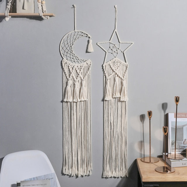 Star Moon Sun Macrame Dream Catcher Boho Home Wall Decor Girls Kids Nursery Garden Decoration Outdoor Gifts With Light