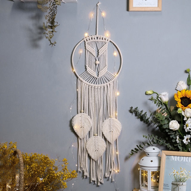 Star Moon Sun Macrame Dream Catcher Boho Home Wall Decor Girls Kids Nursery Garden Decoration Outdoor Gifts With Light