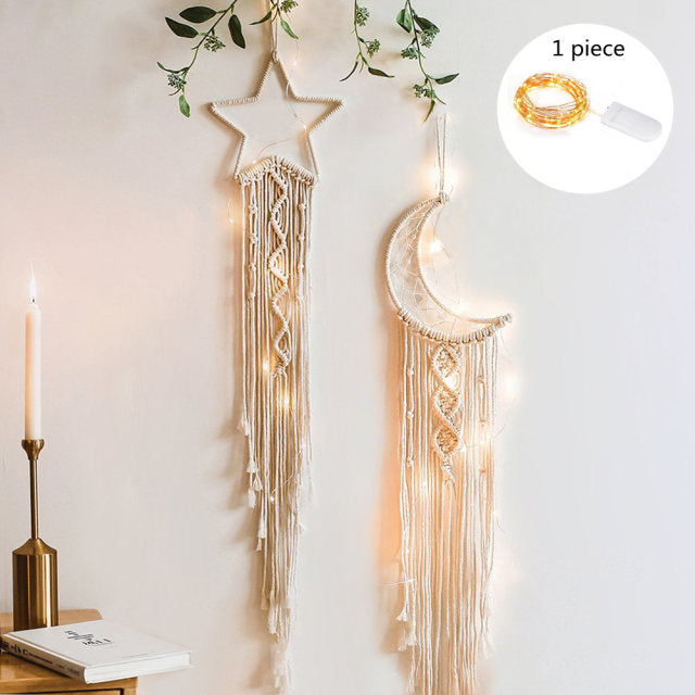 Star Moon Sun Macrame Dream Catcher Boho Home Wall Decor Girls Kids Nursery Garden Decoration Outdoor Gifts With Light