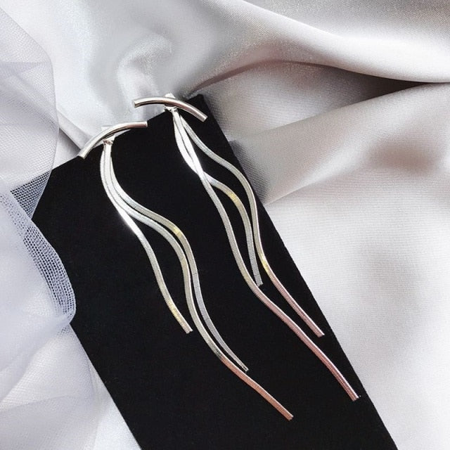 Vintage Gold Color Bar Long Thread Tassel Drop Earrings for Women Glossy Arc Geometric Korean Fashion Jewelry Hanging Pendientes