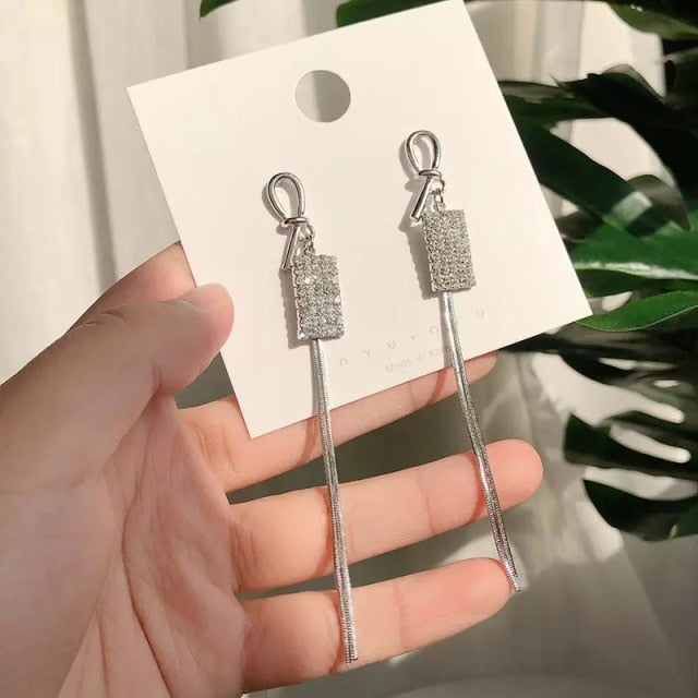 Vintage Gold Color Bar Long Thread Tassel Drop Earrings for Women Glossy Arc Geometric Korean Fashion Jewelry Hanging Pendientes