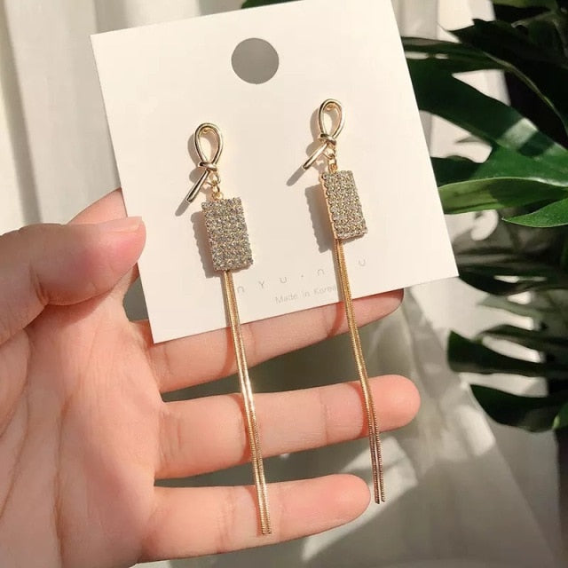 Vintage Gold Color Bar Long Thread Tassel Drop Earrings for Women Glossy Arc Geometric Korean Fashion Jewelry Hanging Pendientes