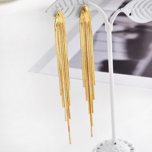 Vintage Gold Color Bar Long Thread Tassel Drop Earrings for Women Glossy Arc Geometric Korean Fashion Jewelry Hanging Pendientes