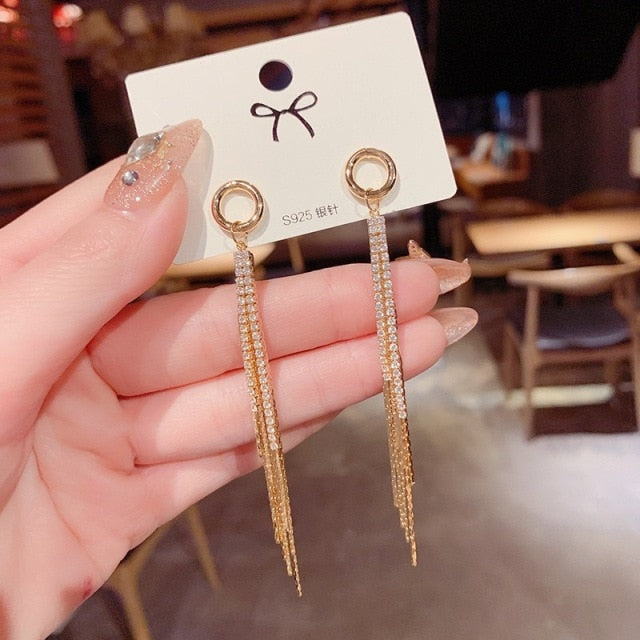 Vintage Gold Color Bar Long Thread Tassel Drop Earrings for Women Glossy Arc Geometric Korean Fashion Jewelry Hanging Pendientes