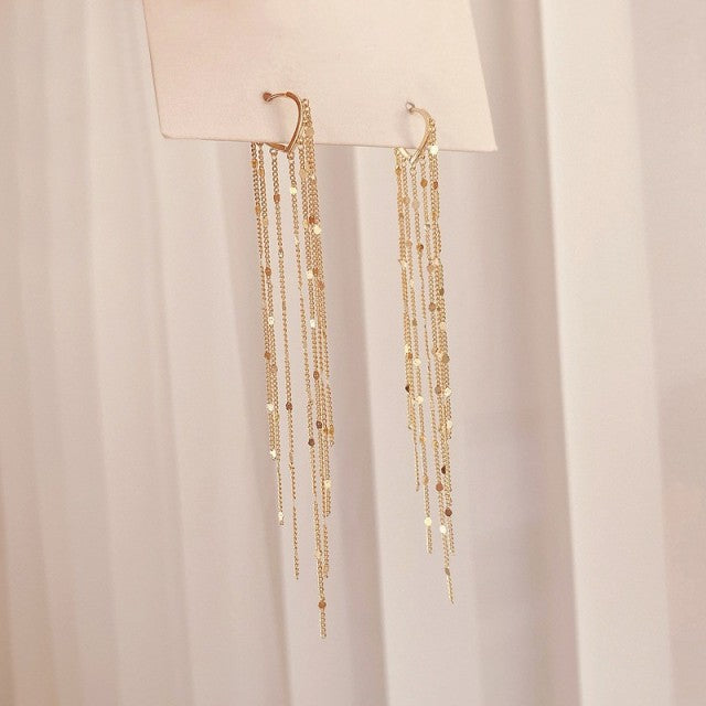 Vintage Gold Color Bar Long Thread Tassel Drop Earrings for Women Glossy Arc Geometric Korean Fashion Jewelry Hanging Pendientes