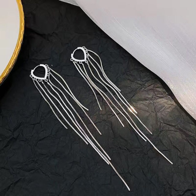 Vintage Gold Color Bar Long Thread Tassel Drop Earrings for Women Glossy Arc Geometric Korean Fashion Jewelry Hanging Pendientes