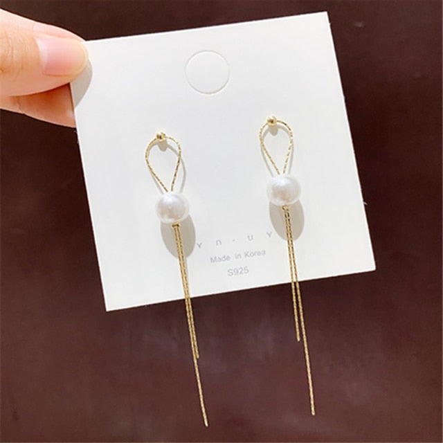 Vintage Gold Color Bar Long Thread Tassel Drop Earrings for Women Glossy Arc Geometric Korean Fashion Jewelry Hanging Pendientes