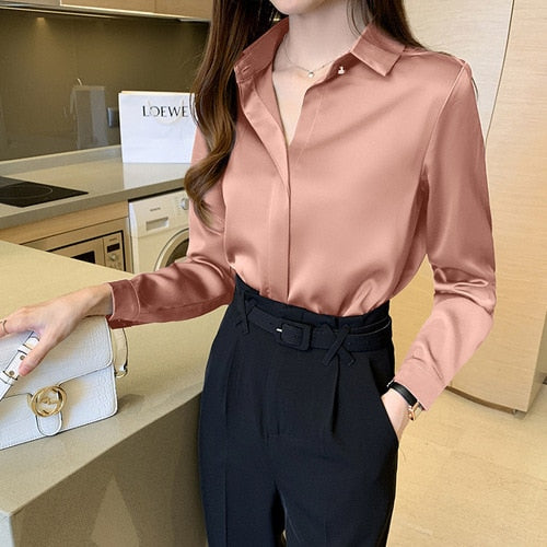 Silk Shirts Women White Shirt Women Long Sleeve Shirts Blouse Office Lady Satin Silk Blouse Tops Plus Size Woman Basic Shirt Top