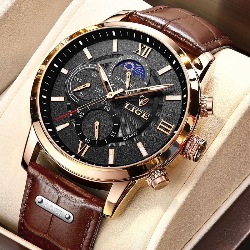 2021 LIGE Men Watches Top Brand Luxury Men's Wrist Watch Leather Quartz Watch Sports Waterproof Male Clock Relogio Masculino+Box