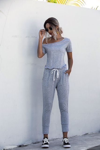 Fashion Women Summer Solid Color Jumpsuits Drawstring Design Pockets Decor Oblique Collar Short Sleeve Mid Waist Slim Jumpsuits