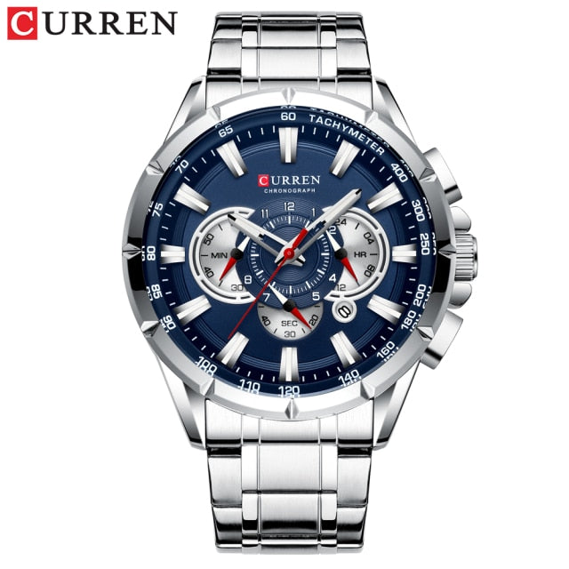 CURREN New Casual Sport Chronograph Men's Watches Stainless Steel Band Wristwatch Big Dial Quartz Clock with Luminous Pointers