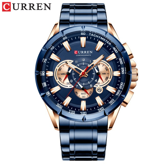 CURREN New Casual Sport Chronograph Men's Watches Stainless Steel Band Wristwatch Big Dial Quartz Clock with Luminous Pointers