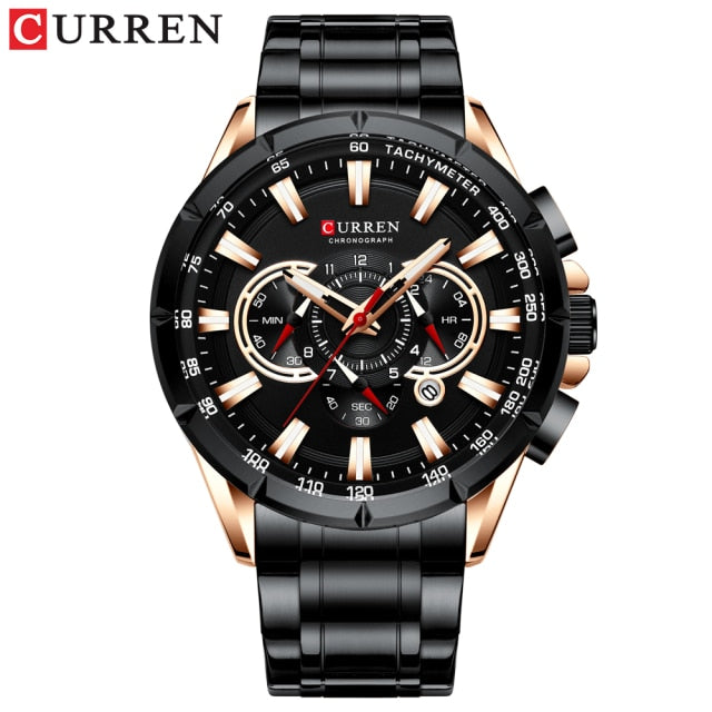 CURREN New Casual Sport Chronograph Men's Watches Stainless Steel Band Wristwatch Big Dial Quartz Clock with Luminous Pointers