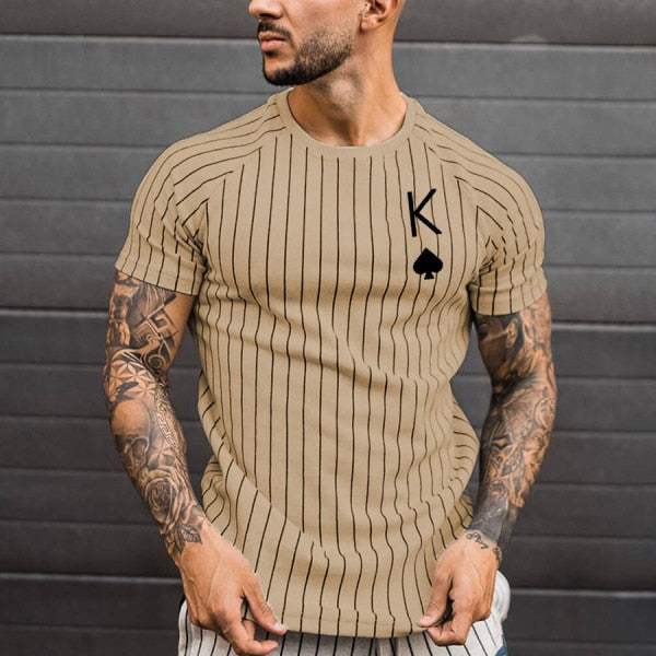 T Shirt for Men Stripped Tshirt Summer Men Clothing Streetwear Round Neck Shirt Fashion Poker Print Short Sleeve T-shirts Tops