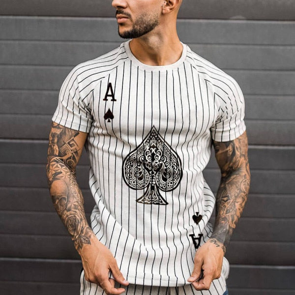 T Shirt for Men Stripped Tshirt Summer Men Clothing Streetwear Round Neck Shirt Fashion Poker Print Short Sleeve T-shirts Tops