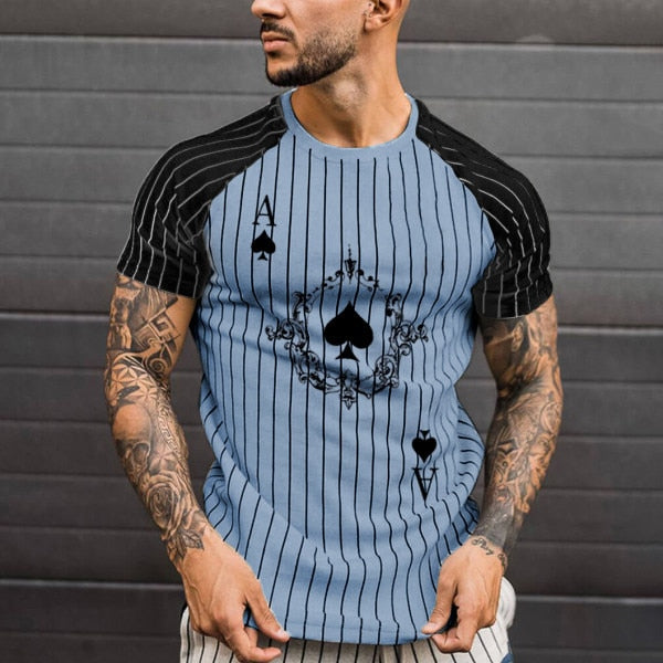 T Shirt for Men Stripped Tshirt Summer Men Clothing Streetwear Round Neck Shirt Fashion Poker Print Short Sleeve T-shirts Tops