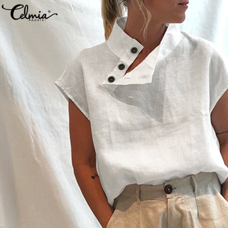 Celmia Stylish Blouses 2021 Tunic Tops Plus Size Women Short Sleeve Summer Buttons Solid Cotton Linen Tops Casual Loose Blusas