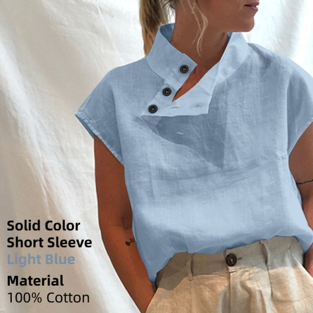 Celmia Stylish Blouses 2021 Tunic Tops Plus Size Women Short Sleeve Summer Buttons Solid Cotton Linen Tops Casual Loose Blusas