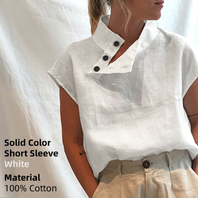 Celmia Stylish Blouses 2021 Tunic Tops Plus Size Women Short Sleeve Summer Buttons Solid Cotton Linen Tops Casual Loose Blusas