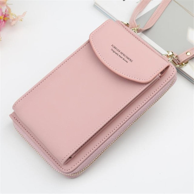 New Women Purses Solid Color Leather Shoulder Strap Bag Mobile Phone Bag Card Holders Wallet Handbag Pockets for Girls