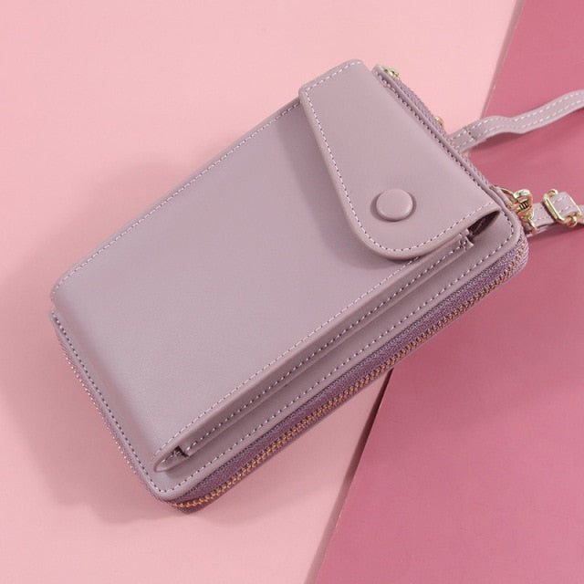 New Women Purses Solid Color Leather Shoulder Strap Bag Mobile Phone Bag Card Holders Wallet Handbag Pockets for Girls
