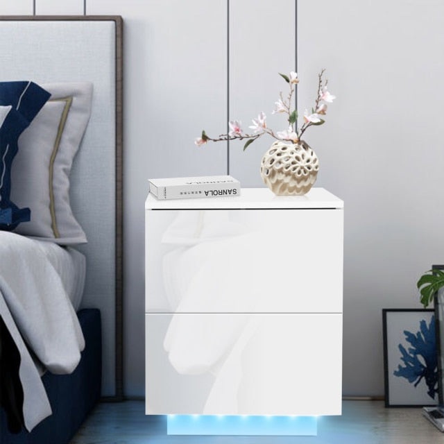 Modern Luxury LED Light Nightstand w/2 Drawers Organizer Storage Cabinet Bedside Table Bedroom Furniture for Night 20 Colors