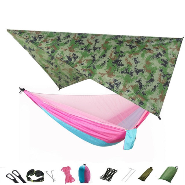 Camping Hammock Mosquito Net and Hammock Canopy Portable Nylon Hammock Rain Fly Tree Straps for Hiking Camping Survival Travel