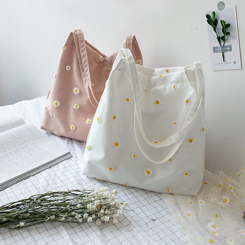2021 Women's Bag Shopper Small Canvas Bag Female Shoulder Bag Designers Handbags Embroidery Bag with Daisies Mini Cute Tote Bags