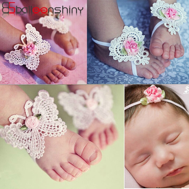 BalleenShiny 3PCS Flower Headband Baby Girls Barefoot Sandals Hair Foot Accessories Elastic Fashion Foot Decoration Kids Gift