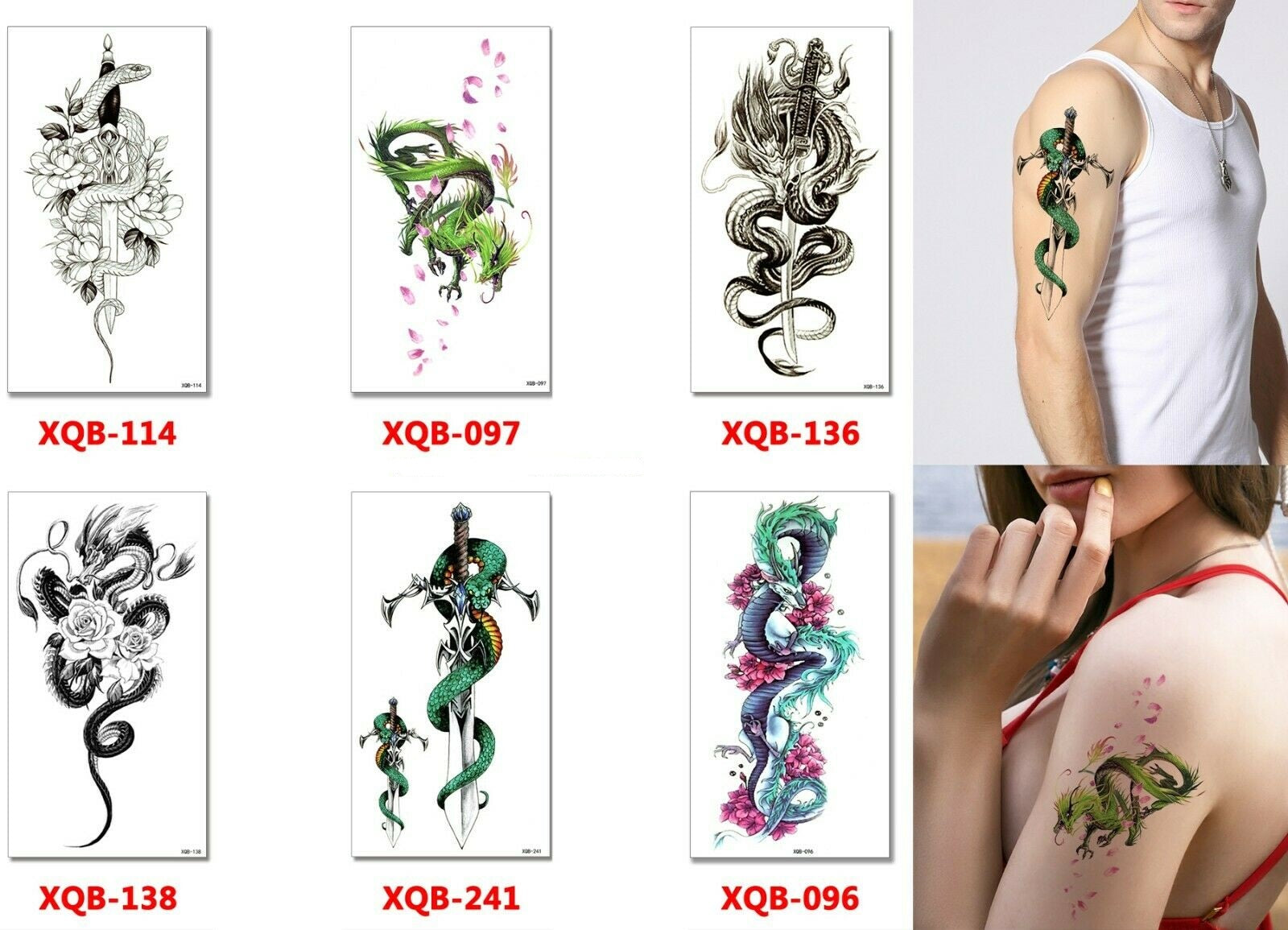 Dragon Temporary Tattoos Body Arm Sticker Half Sleeve Fake Waterproof (6 sheets)