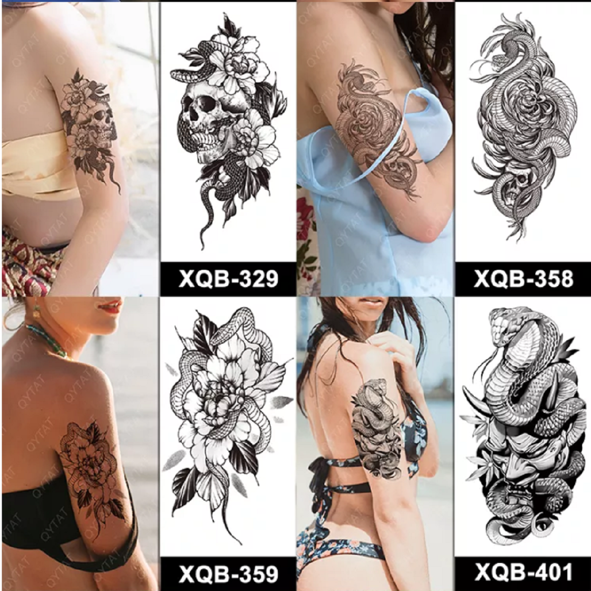10 Sheets Black Snake Temporary Tattoos with Flower Zombie Sword For Men Women Neck Arm Body Art Waterproof Fake Tattoo Stickers Flash Decals